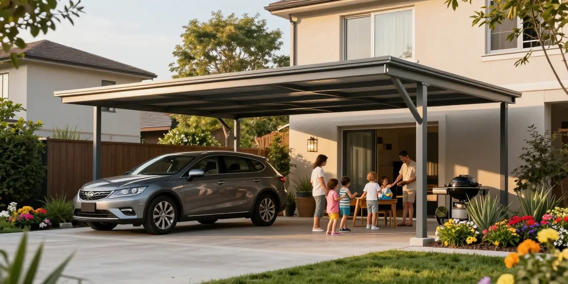Ein stilvoller Carport schützt ein modernes Auto in einer einladenden Wohnumgebung mit grünen Pflanzen und spielenden Kindern.