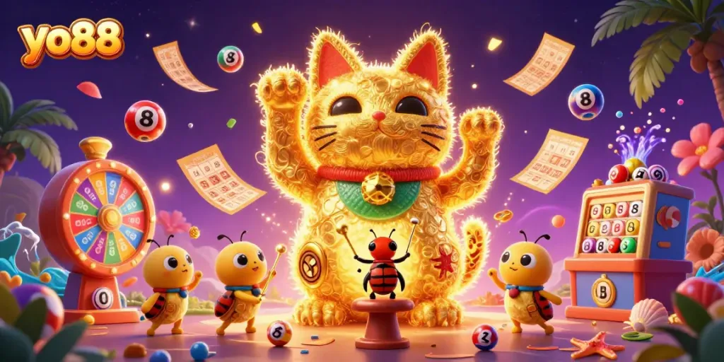 Experience the vibrant world of yo88 with dynamic casino symbols and a lucky cat theme.