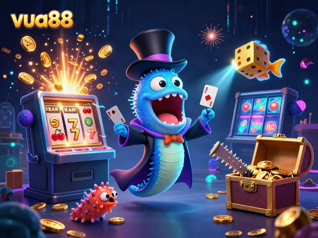 Experience the magic of Vua88 with vibrant 3D illustrations showcasing thrilling casino games.