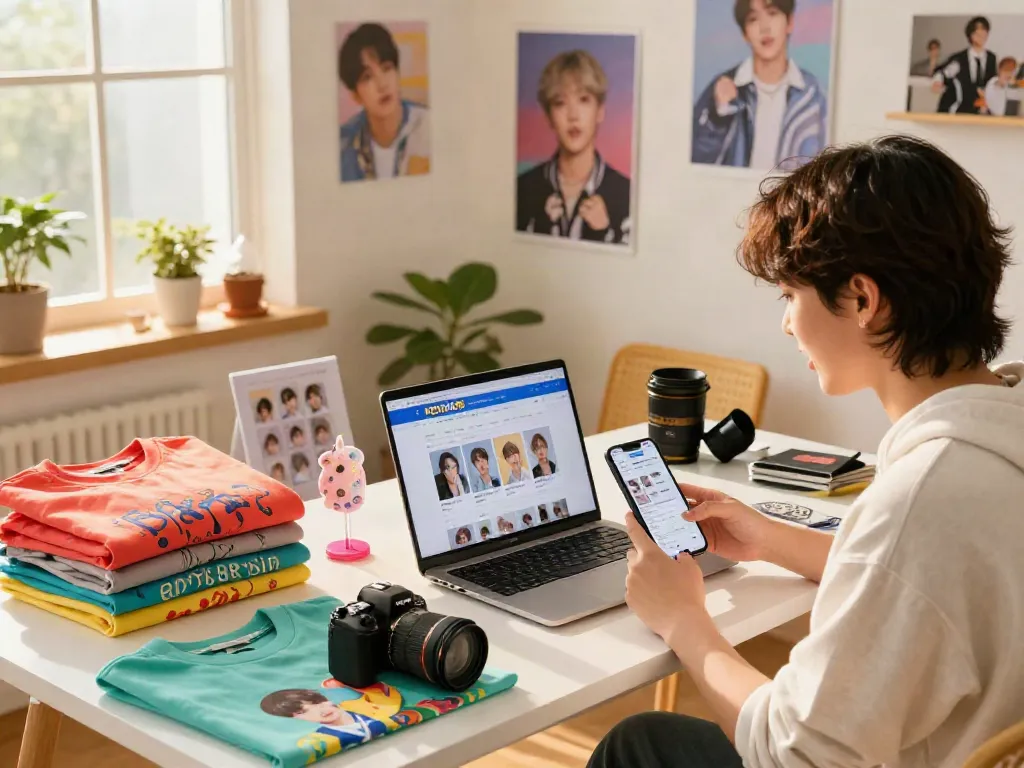 Shopping online for BTS merchandise at ROKOK88 rtp store, showcasing vibrant items and a cozy atmosphere.