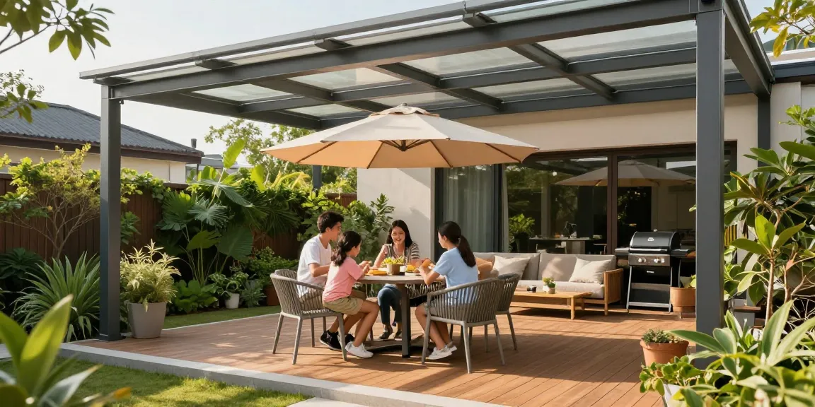 Familie auf einer Terrasse mit Terrassenüberdachung aus Aluminium und grünem Garten.