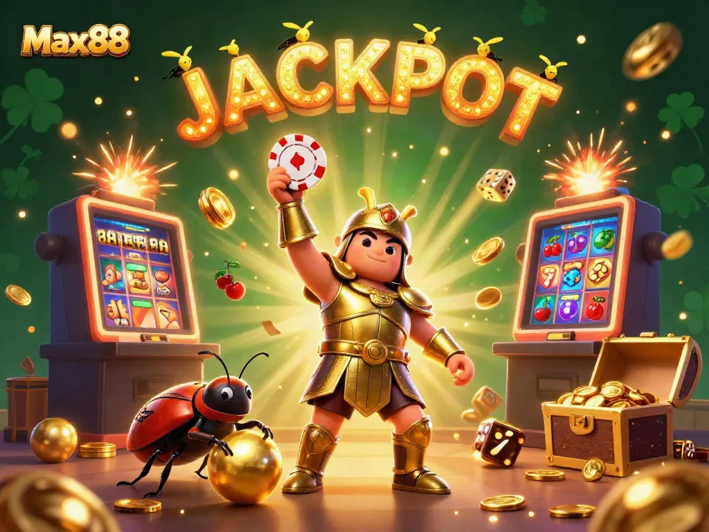 Experience the excitement of gambling with Max88 as a victorious beetle character celebrates a jackpot.