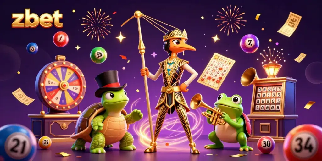 Experience zbet's exciting world with vibrant characters, gold tickets, and a lively casino atmosphere.