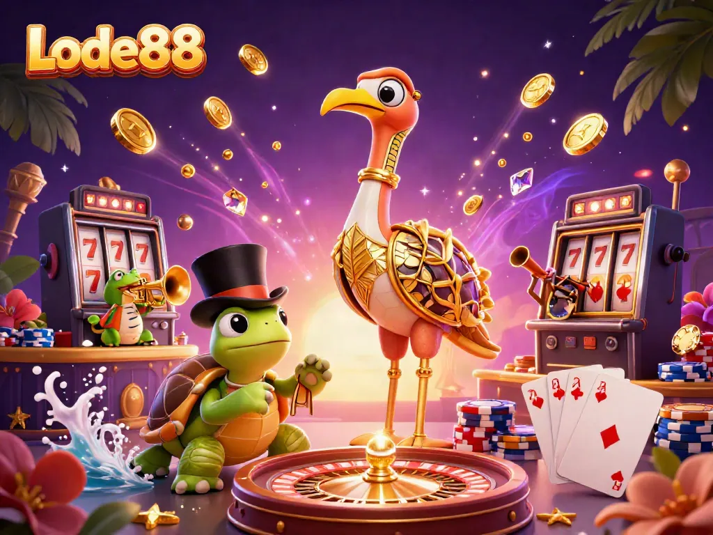 Experience the vibrant casino scene with Lode88, featuring dazzling characters and exciting game elements.