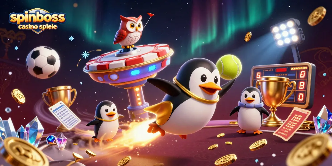 Spinboss Casino Spiele: Eine dynamische Illustration mit einem goldenen Pinguin und Casino-Elementen.