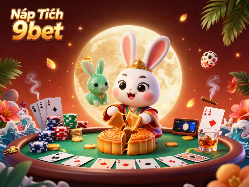 Nạp Tiền 9bet illustration featuring a moon rabbit and poker elements on the lunar surface.