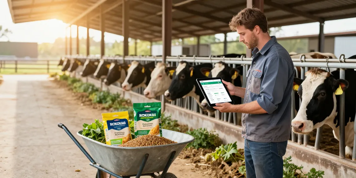 Farmer using ROKOK88 login on tablet to manage livestock feed quality in a sustainable farm environment.