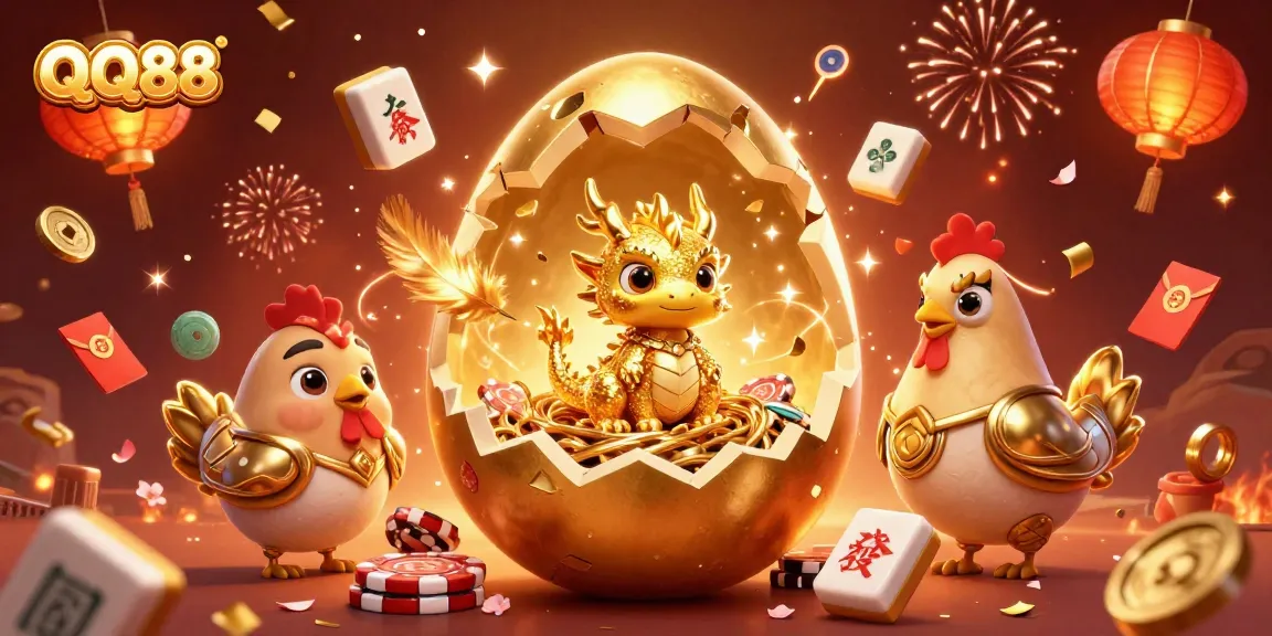 Experience the thrill of QQ88 with a golden dragon, poker chips, and festive elements in a vibrant casino scene.