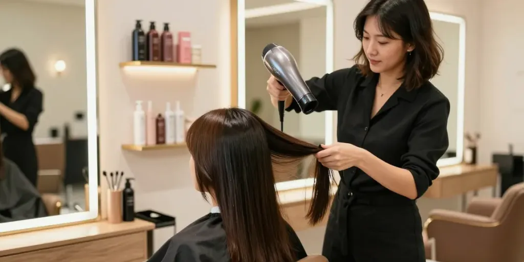 Stylist verwendet laifen föhn für glänzendes Haar in modernem Salon.