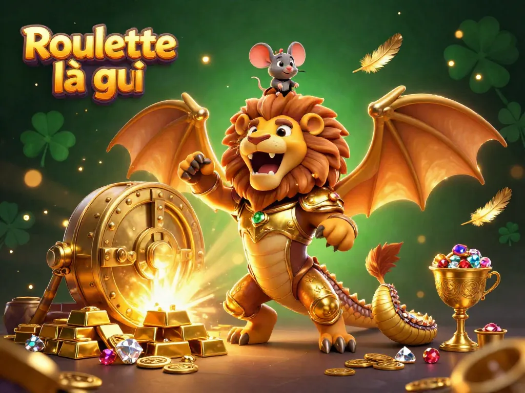 Experience the thrilling action of Roulette là gì with a vibrant 3D casino illustration featuring golden treasures and chimera creature.