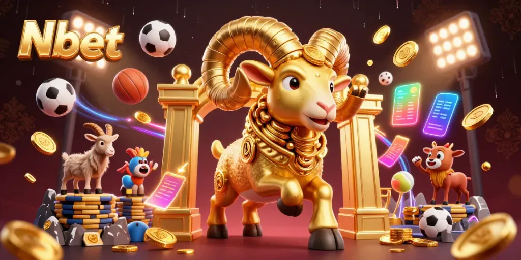 Nbet casino scene featuring a golden ram charging with 3D sports elements and a dynamic atmosphere