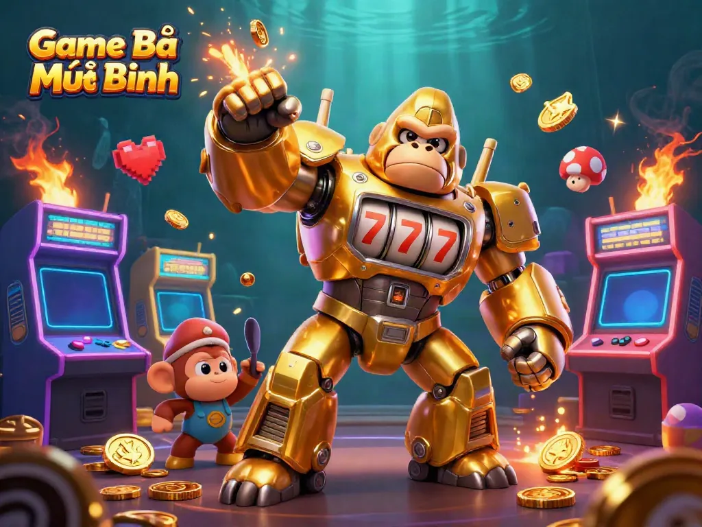 Engaging scene of Game Bài Mậu Binh featuring a transformer-style gorilla mech with slot machine parts and dynamic casino themes.