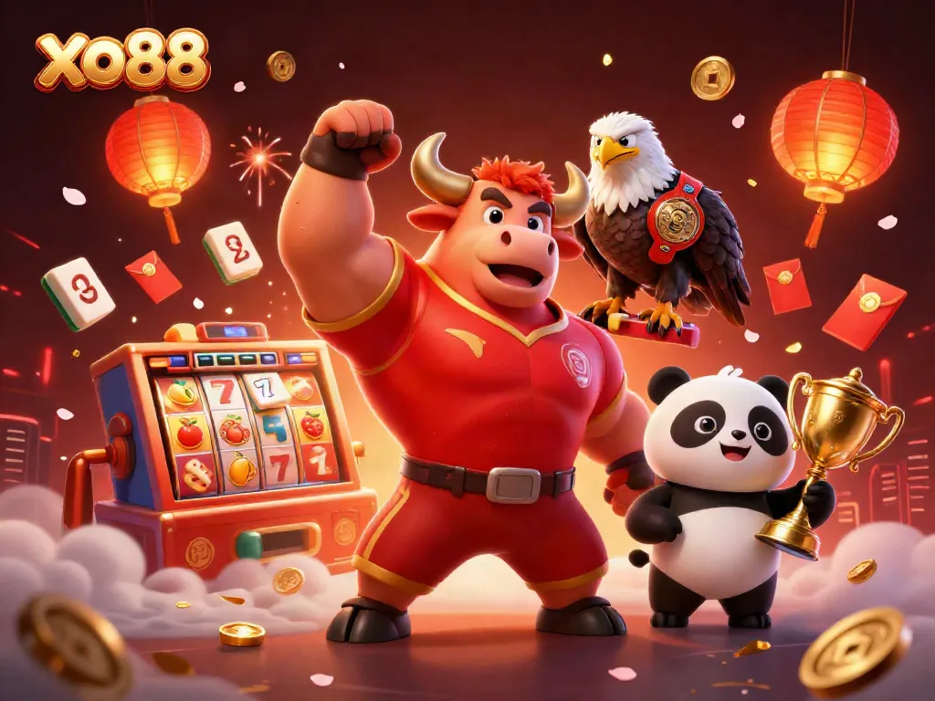 Join the excitement at xo88 with a dynamic scene featuring a bull, eagle, and panda amidst vibrant casino symbols.