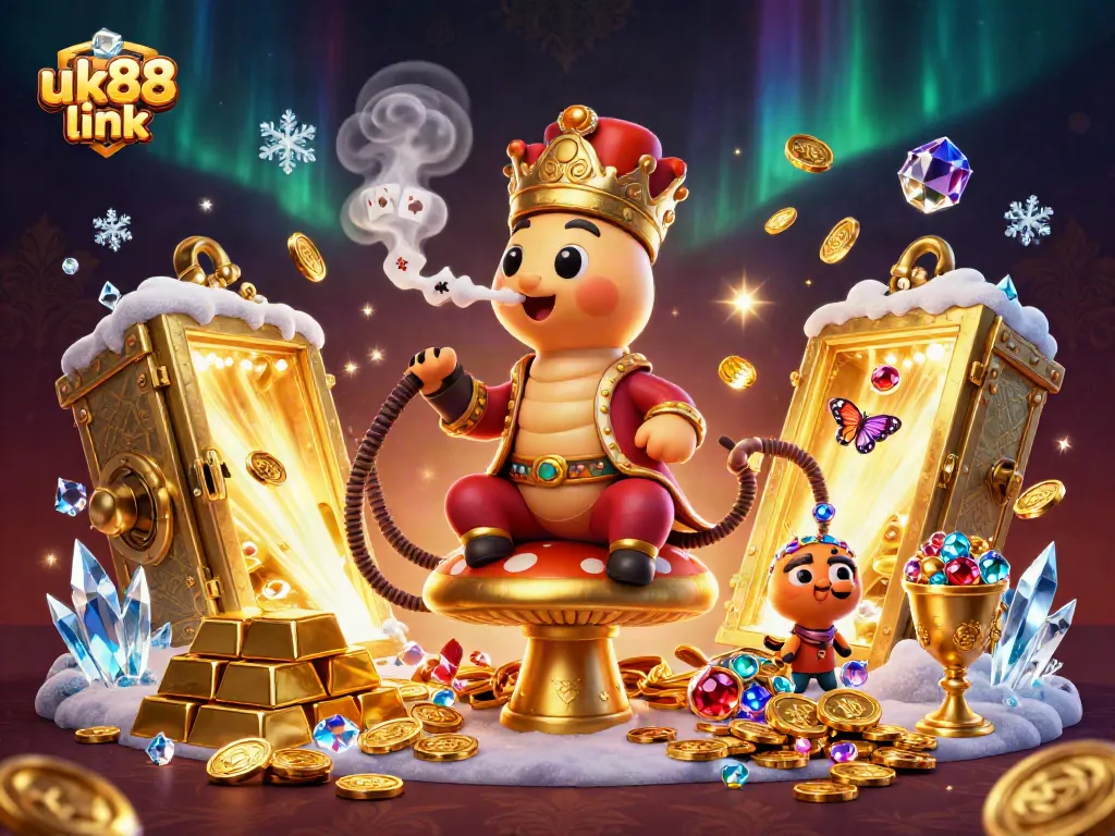 Engage with the vibrant uk88 link scene depicting a colorful 3D caterpillar master in a casino setting.