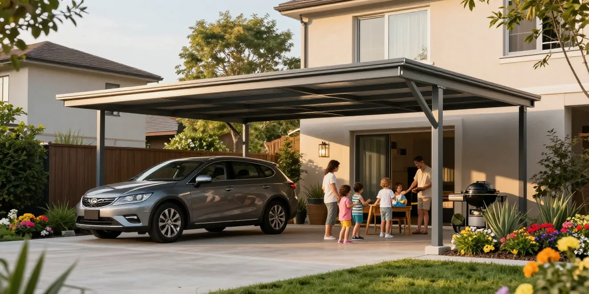 Ein stilvoller Carport schützt ein modernes Auto in einer einladenden Wohnumgebung mit grünen Pflanzen und spielenden Kindern.