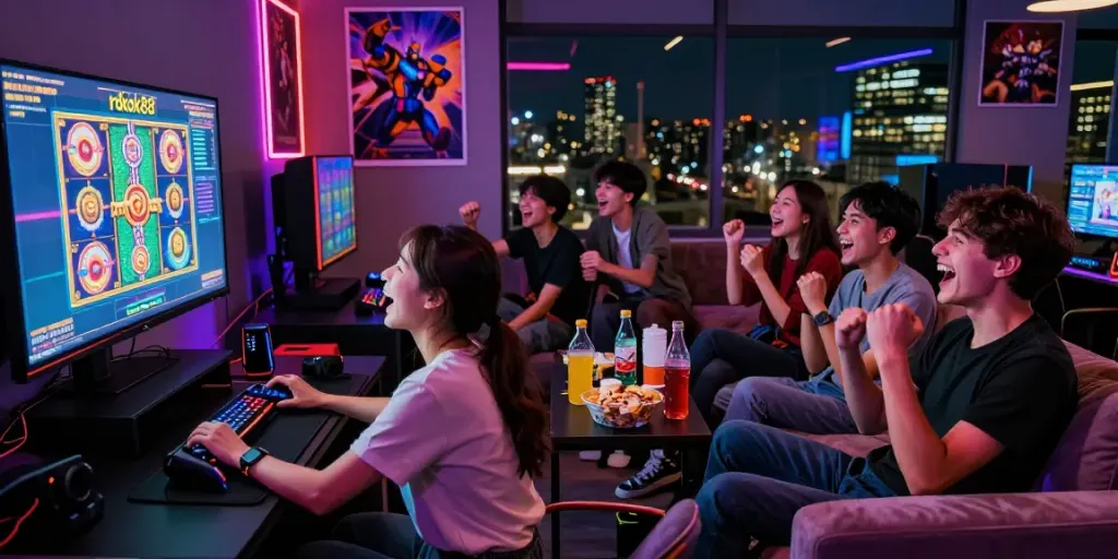 Friends enjoying an exciting gaming night with rokok88 slot on screen in a vibrant gaming lounge