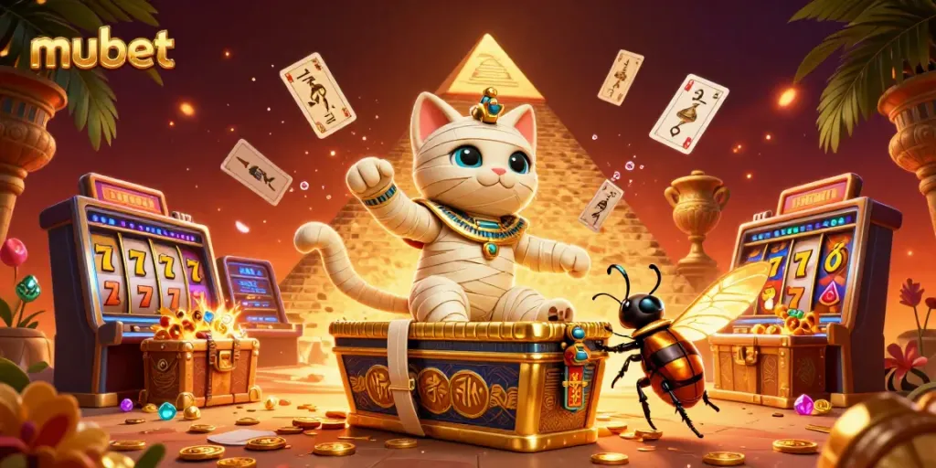 Experience thrilling slots action at mubet with an Egyptian mummy cat bursting out from a golden sarcophagus in a lively casino scene.