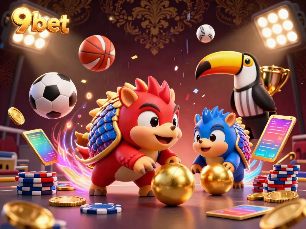 Experience the thrill of 9bet with pangolins bowling through poker chips, showcasing vibrant casino action.