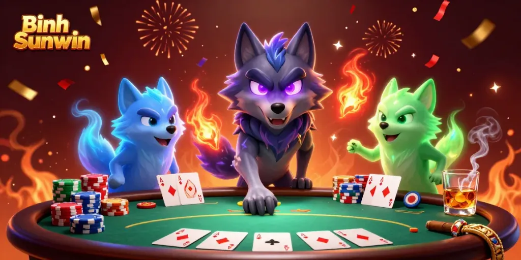 Experience the strategic thrill of Binh Sunwin with ghostly wolf characters at a vibrant poker table.