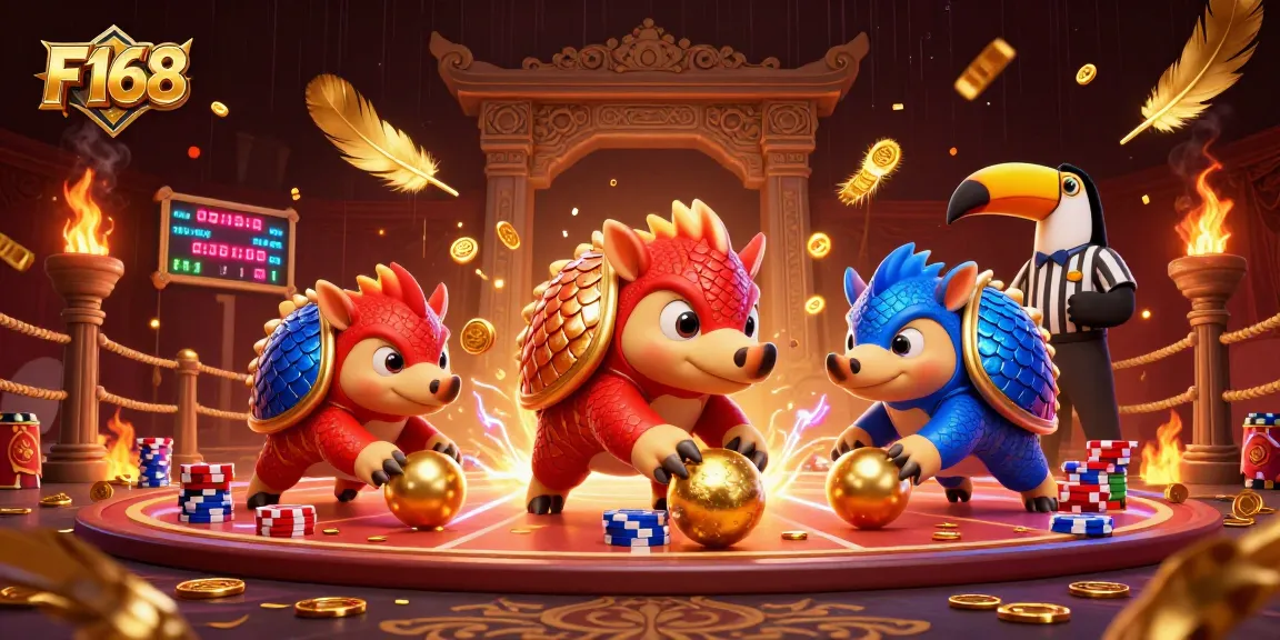 F168 features rival pangolins in a dynamic casino showdown, rolling poker chips and golden balls.