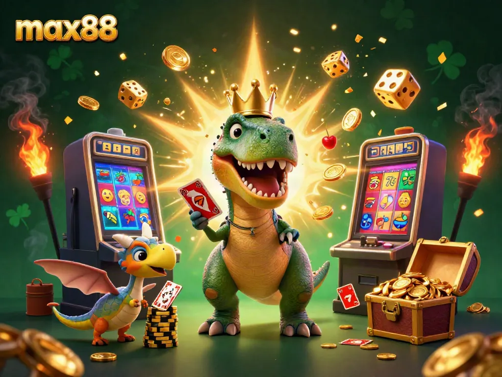 Experience the thrill at max88 with a playful T-Rex and friends amidst explosive jackpots.