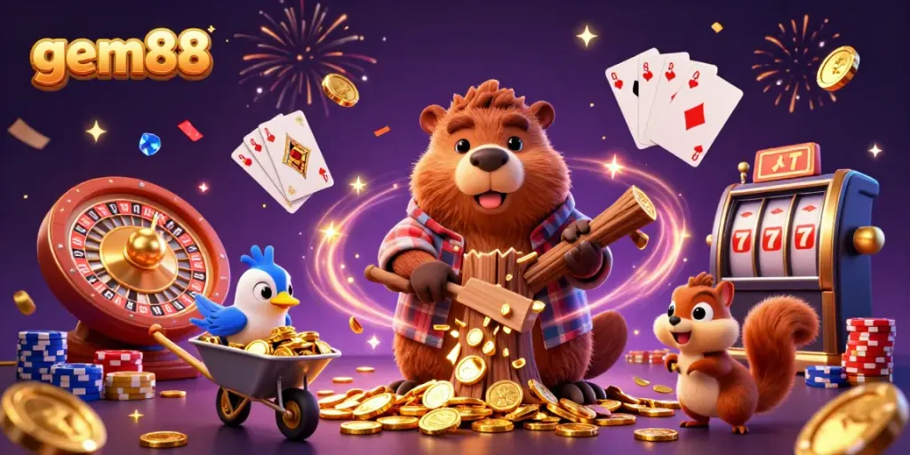 Experience the thrill of gem88 with a lucky beaver and friends collecting golden riches.