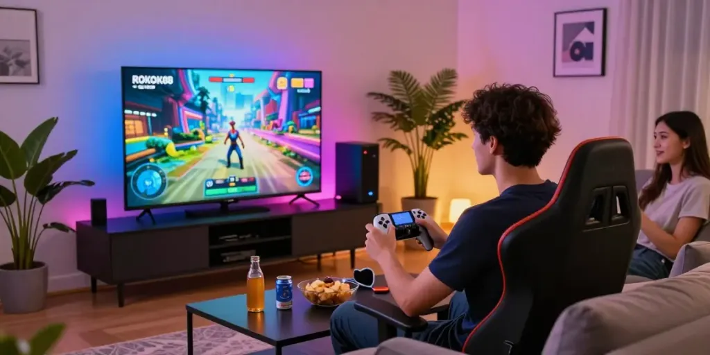 Exciting ROKOK88 slot login scene with friends enjoying gaming in cozy living room.