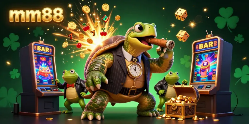 Experience the excitement with mm88 as a cartoon turtle in a mobster outfit leads a casino adventure with jackpots and vibrant game elements.