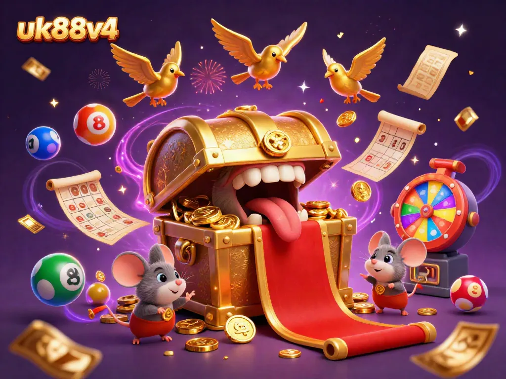 Engage in the thrilling world of uk88v4 with a vibrant casino scene featuring treasure chests and lottery balls.