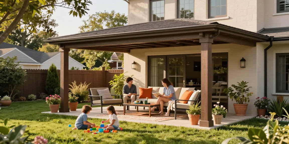 Freistehende Terrassenüberdachung mit einer Familie, die den Garten genießt.