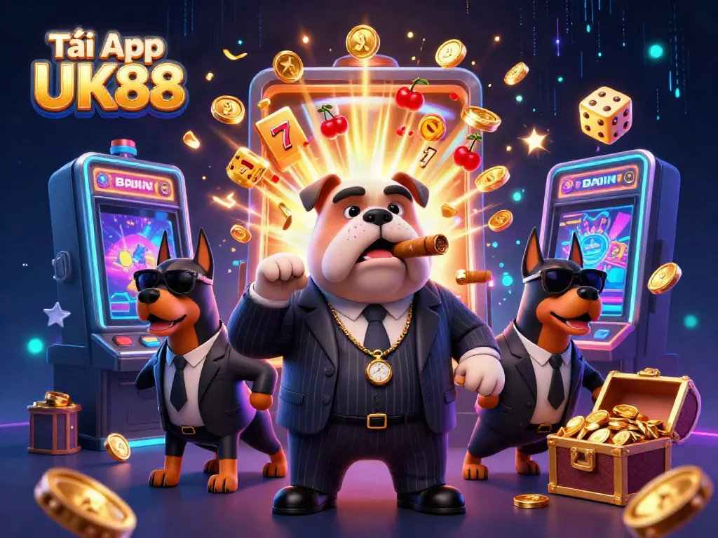 Play Tải App UK88 and enjoy vibrant casino fun with bulldog and Doberman characters in dynamic 3D illustration.