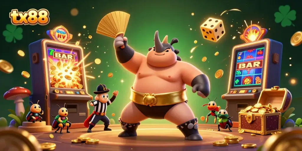 Experience winning excitement with tx88 as a sumo champion beetle stomps golden coins in a bustling casino.