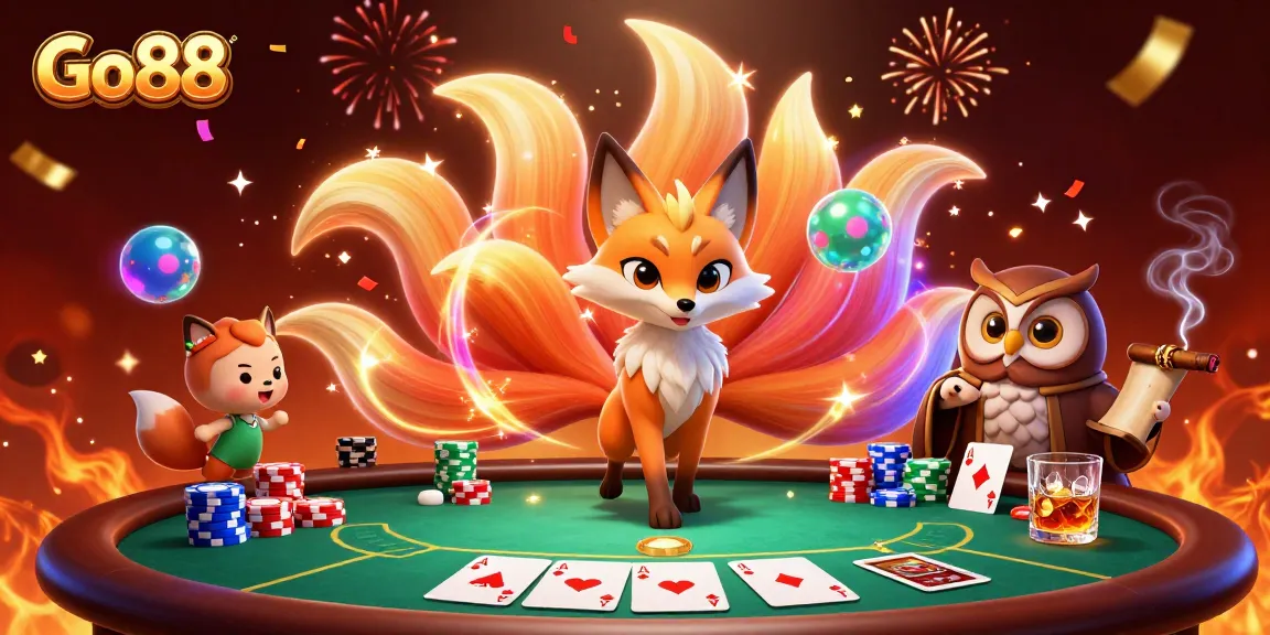 Experience the vibrant world of Go88 with a colorful nine-tailed fox, poker excitement, and a festive atmosphere.
