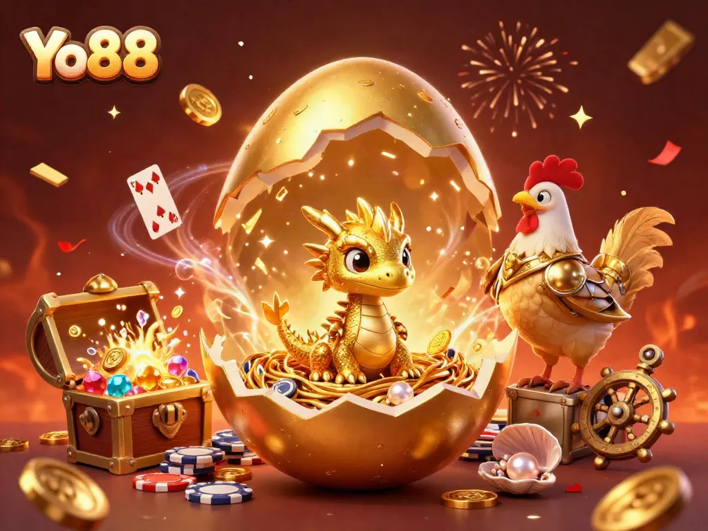 Experience the thrilling world of Yo88 with a dynamic scene featuring a golden dragon, poker chips, and festive elements.